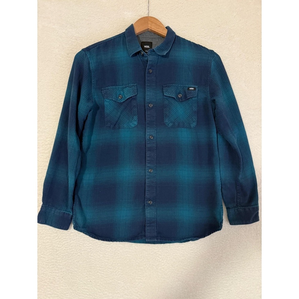 Vans Shirt Boys Large‎ Blue Green Plaid Flannel Button Up Long Sleeve Casual